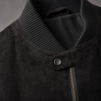 Panther Black Suede Leather Bomber Jacket For Men Black – Fabric and Detail Close-Up