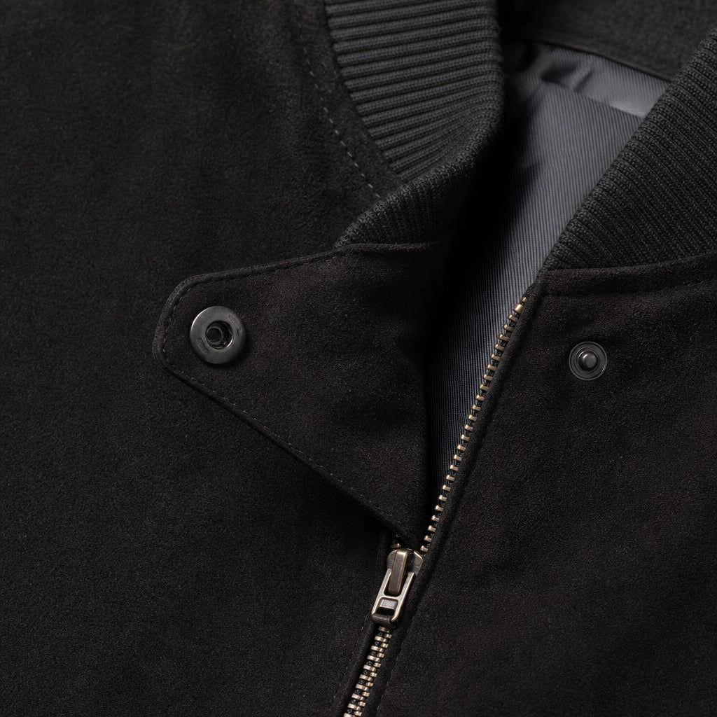 Panther Black Suede Leather Bomber Jacket For Men Black – Fabric and Detail Close-Up