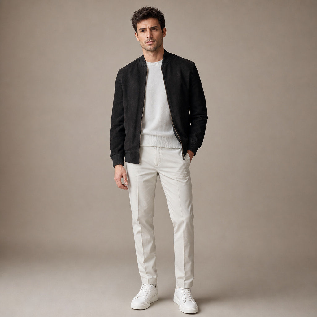 Panther Black Suede Leather Bomber Jacket For Men Black – Full Look
