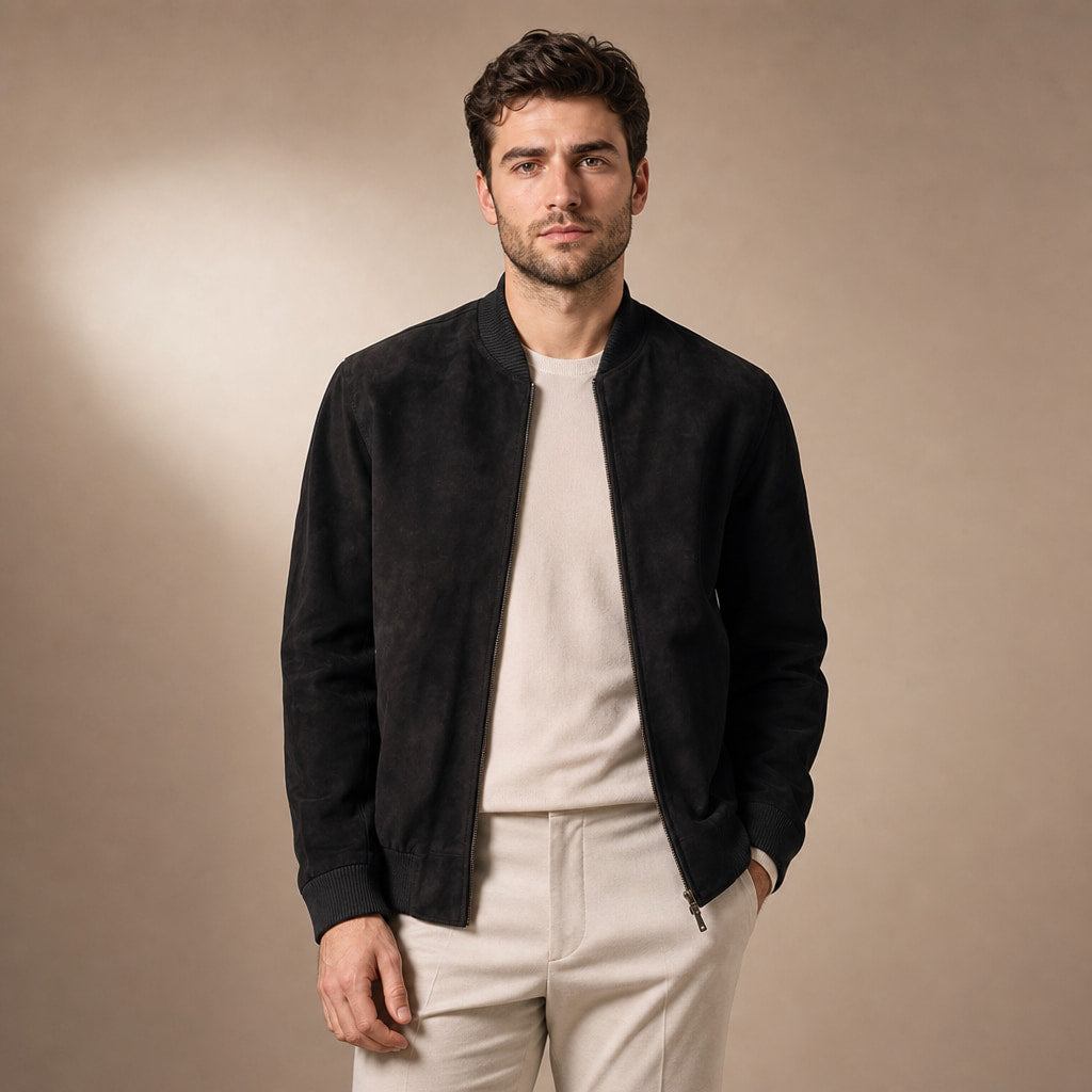 Panther Black Suede Leather Bomber Jacket For Men Black – Product Photo
