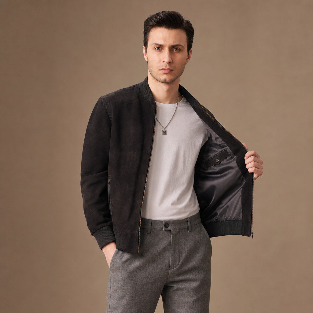 Panther Black Suede Leather Bomber Jacket For Men in Black – Tarlano Premium Menswear
