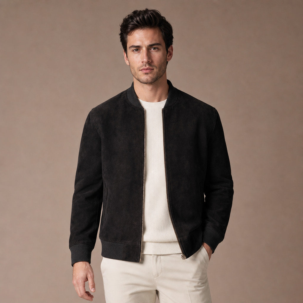 Panther Black Suede Leather Bomber Jacket For Men in Black – Tarlano Premium Menswear