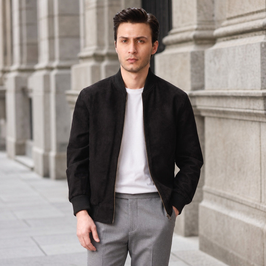 Panther Black Suede Leather Bomber Jacket For Men Black – Styled Editorial Shot