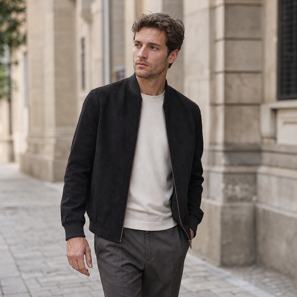 Panther Black Suede Leather Bomber Jacket For Men Black – Styled Editorial Shot