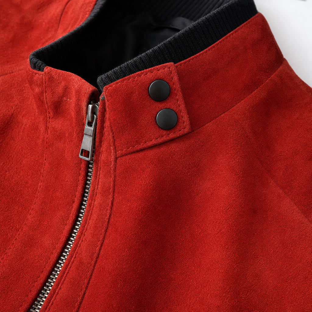 Phoenix Crimson Red Suede Leather Bomber Jacket For Men Red – Fabric and Detail Close-Up