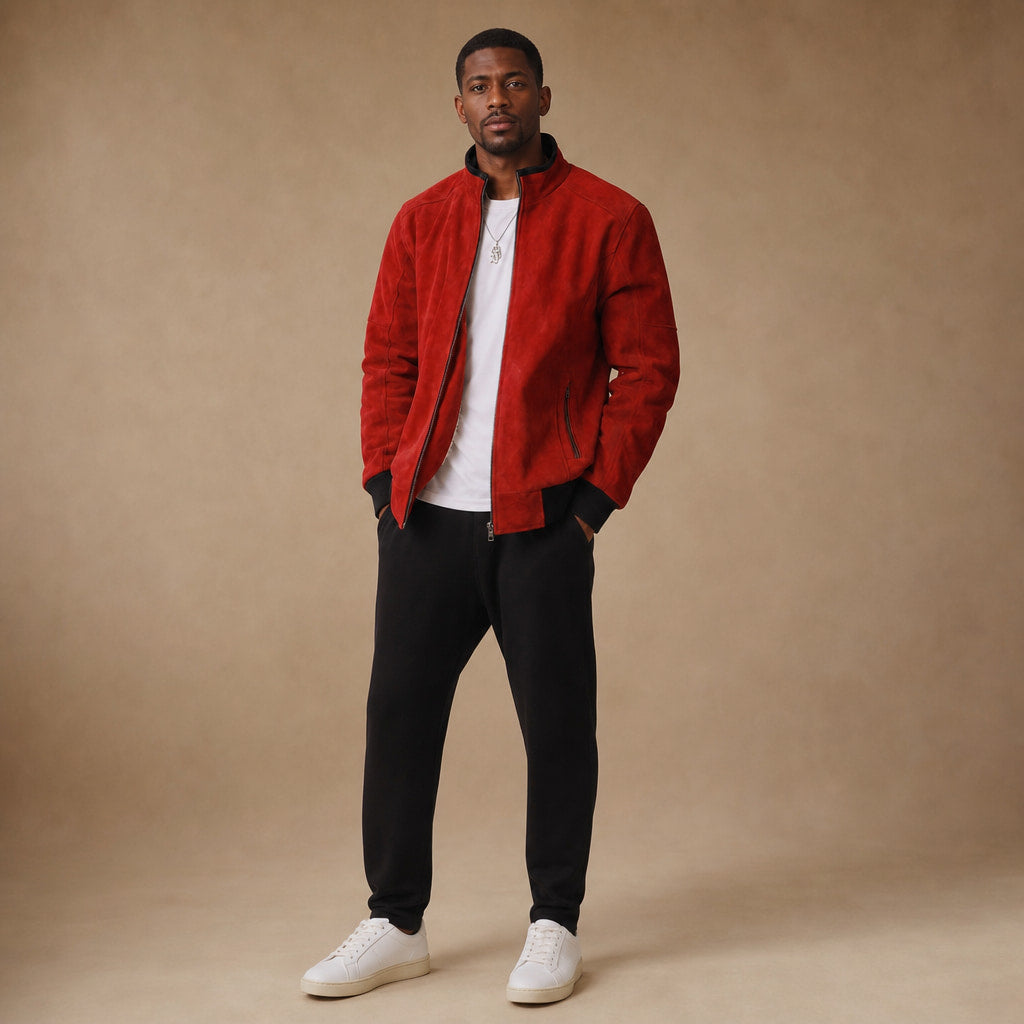 Phoenix Crimson Red Suede Leather Bomber Jacket For Men Red – Full Look