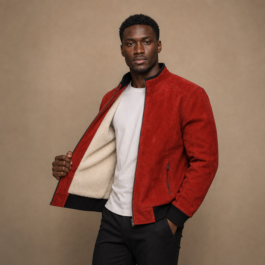 Phoenix Crimson Red Suede Leather Bomber Jacket For Men in Red – Tarlano Premium Menswear