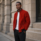 Phoenix Crimson Red Suede Leather Bomber Jacket For Men Red – Styled Editorial Shot