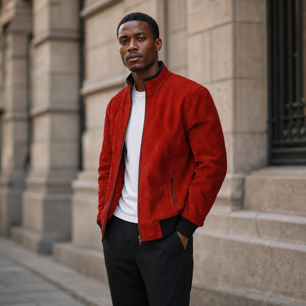 Phoenix Crimson Red Suede Leather Bomber Jacket For Men Red – Styled Editorial Shot