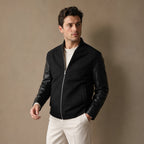 Pistol Black Wool Leather Bomber Jacket For Men Black – Side Angle View