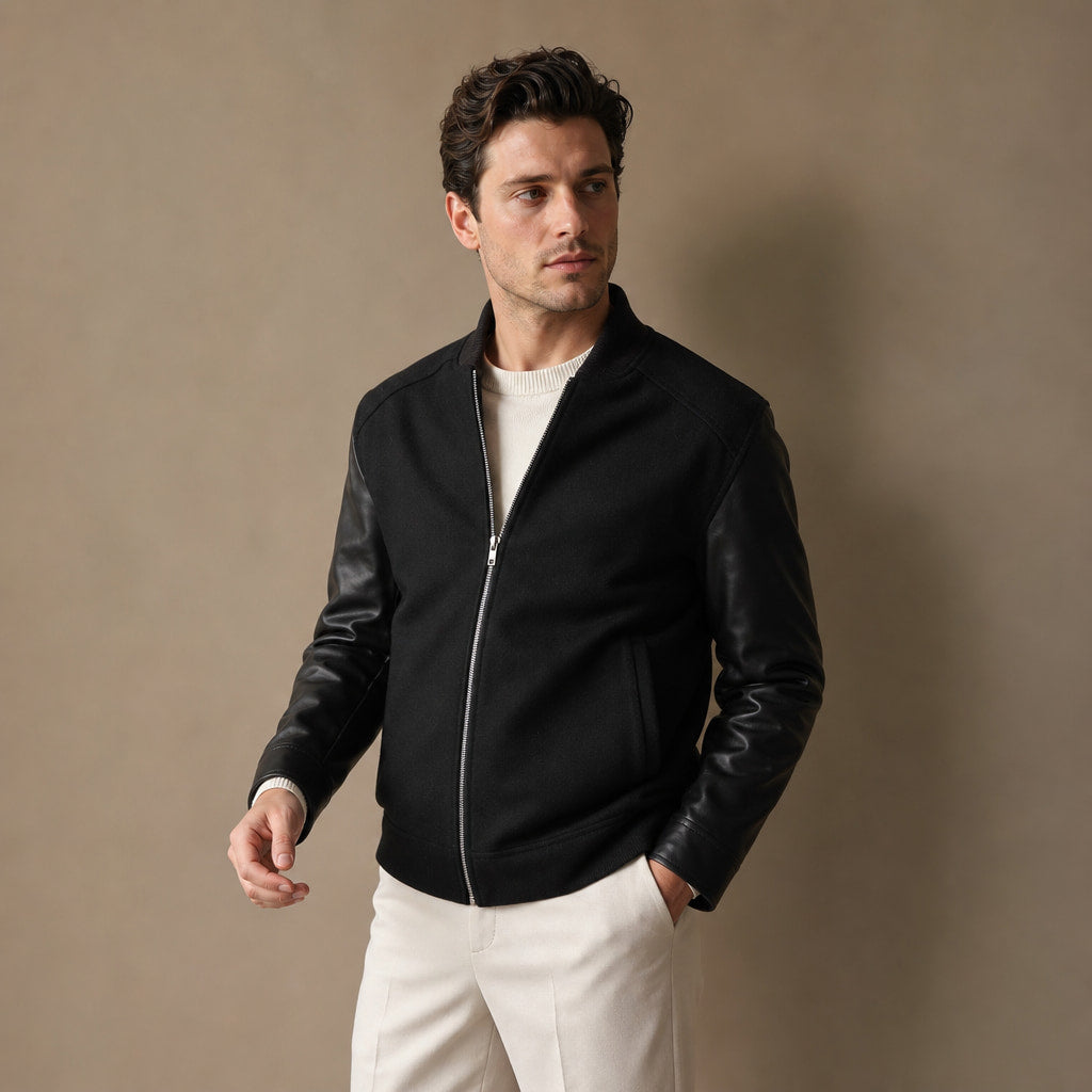 Pistol Black Wool Leather Bomber Jacket For Men Black – Side Angle View