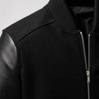 Pistol Black Wool Leather Bomber Jacket For Men Black – Fabric and Detail Close-Up