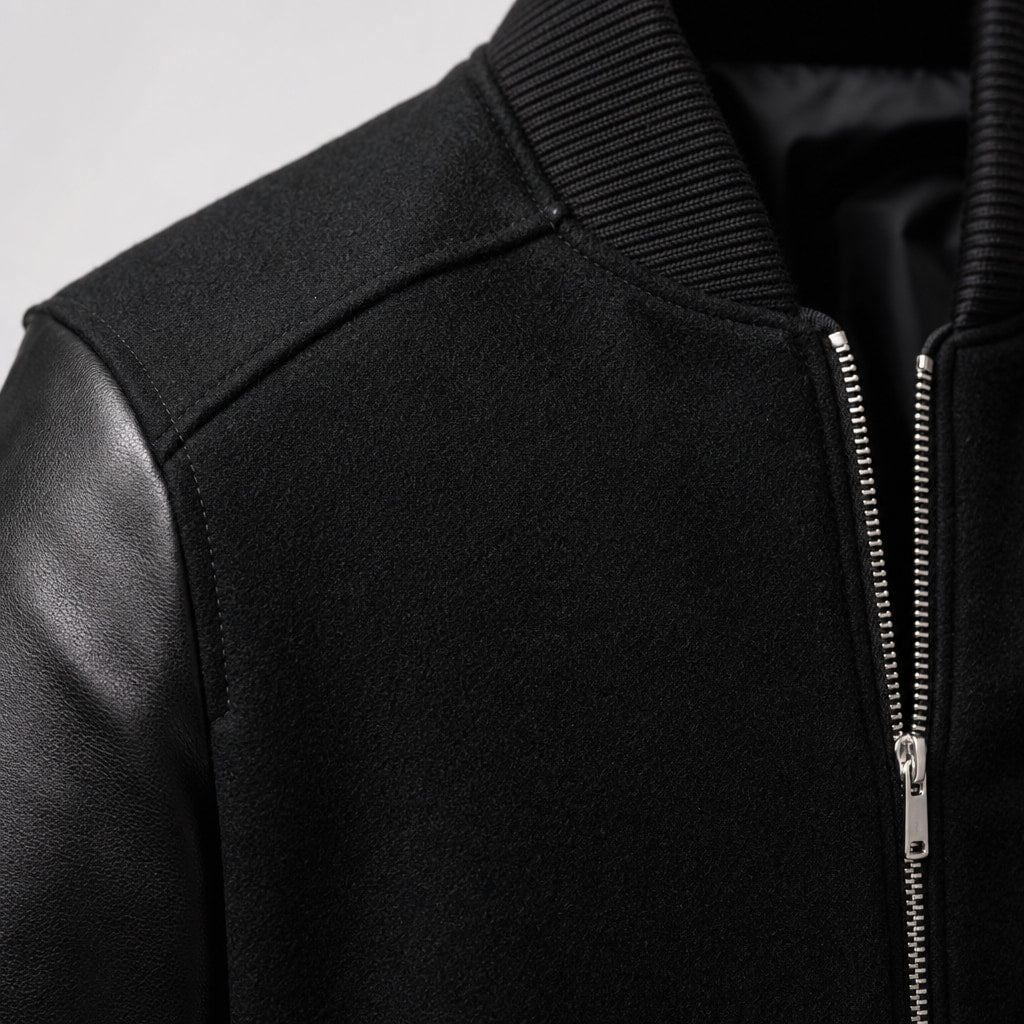 Pistol Black Wool Leather Bomber Jacket For Men Black – Fabric and Detail Close-Up