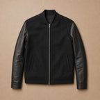 Pistol Black Wool Leather Bomber Jacket For Men Black – Flat Lay Product Photo