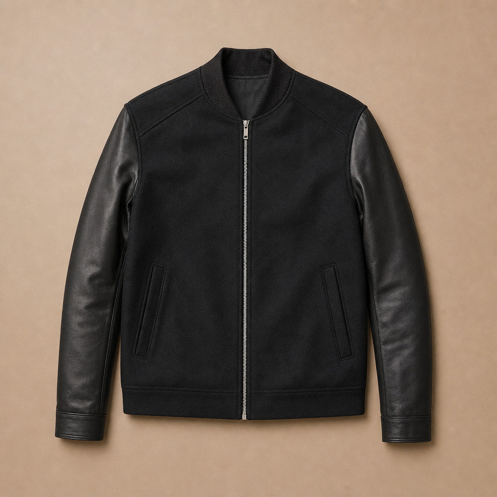 Pistol Black Wool Leather Bomber Jacket For Men Black – Flat Lay Product Photo