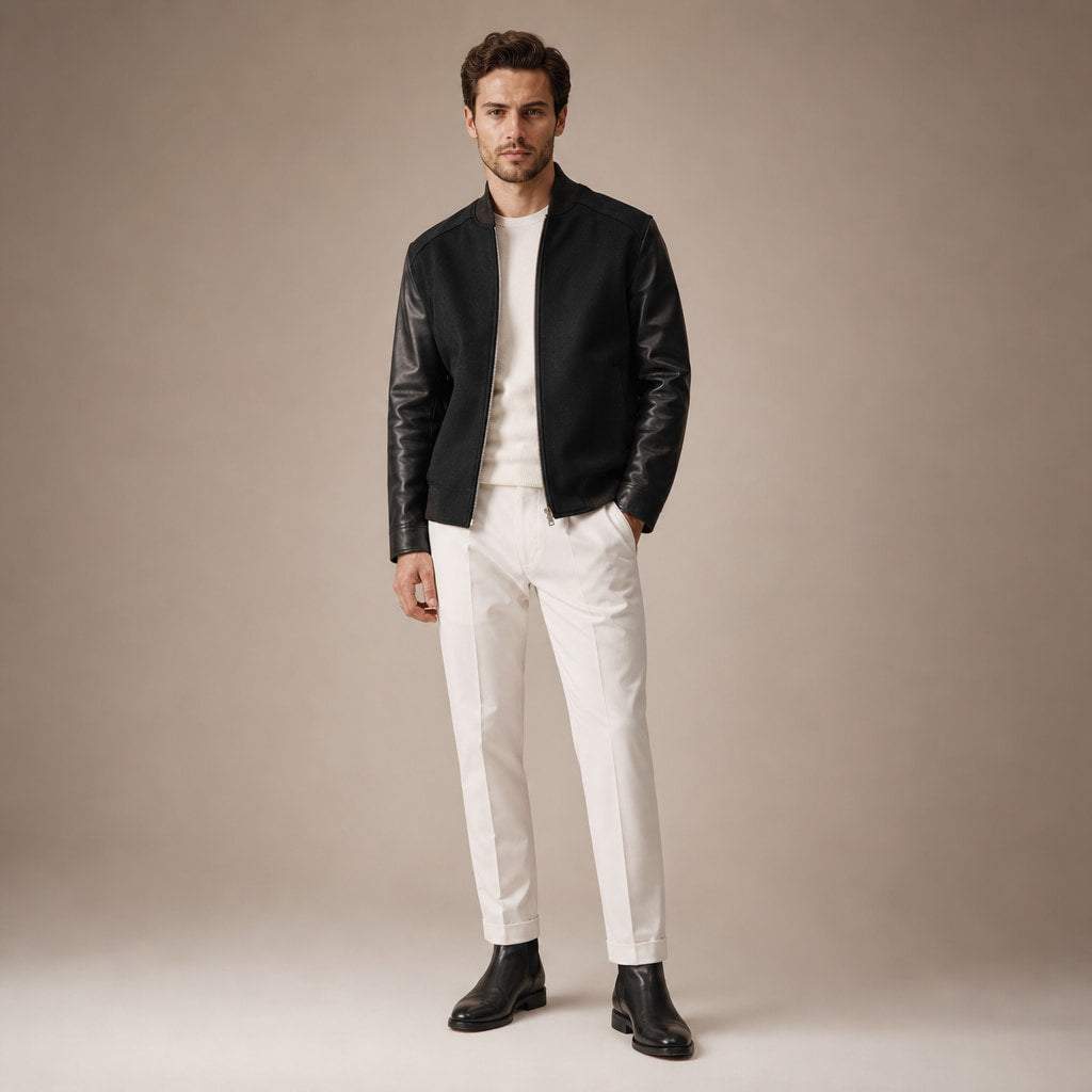 Pistol Black Wool Leather Bomber Jacket For Men Black – Full Look