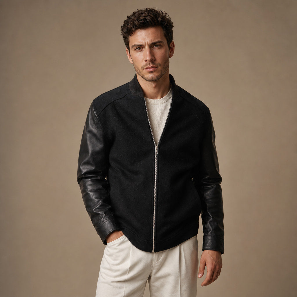 Pistol Black Wool Leather Bomber Jacket For Men Black – Product Photo