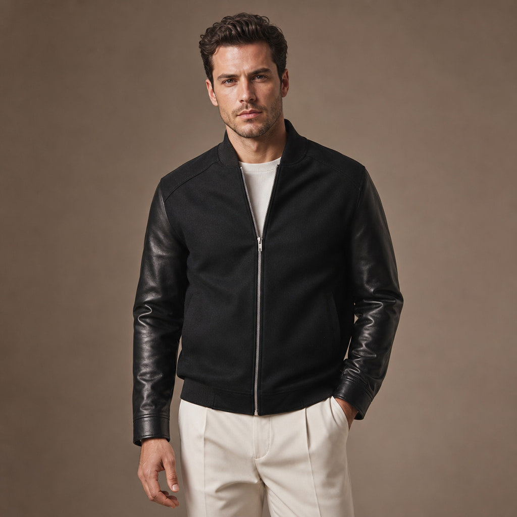 Pistol Black Wool Leather Bomber Jacket For Men in Black – Tarlano Premium Menswear