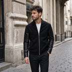 Pistol Black Wool Leather Bomber Jacket For Men Black – Styled Editorial Shot