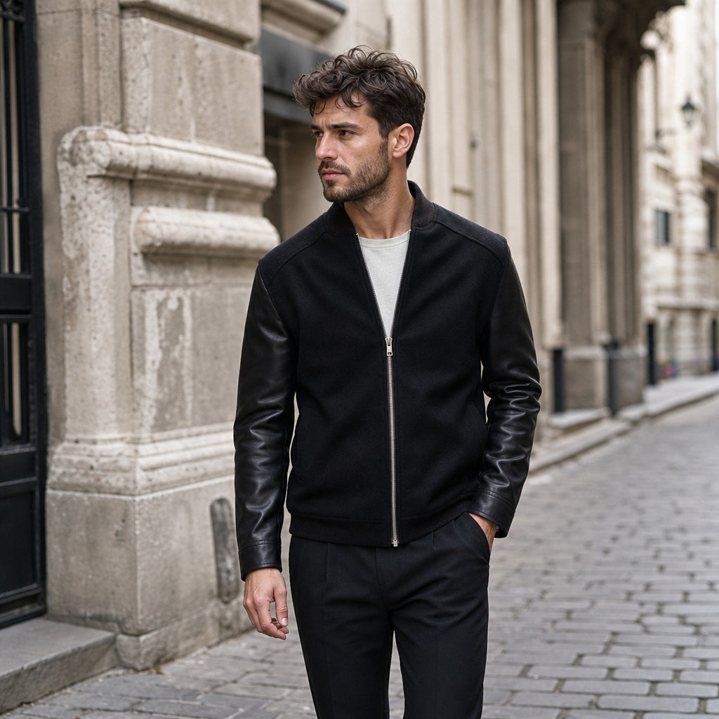 Pistol Black Wool Leather Bomber Jacket For Men Black – Styled Editorial Shot