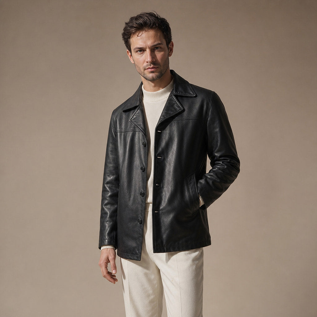 Platinum Black Leather Coat For Men Black – Side Angle View