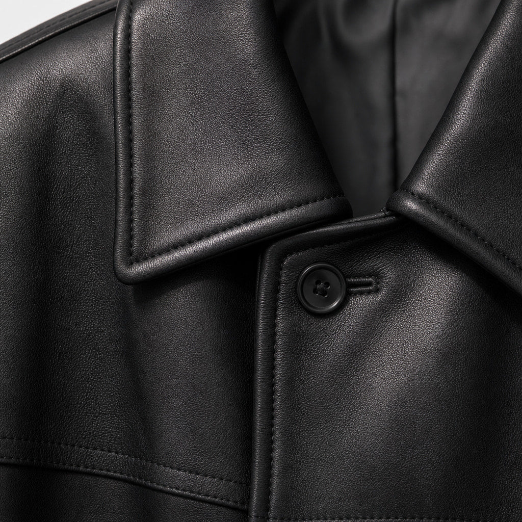 Platinum Black Leather Coat For Men Black – Fabric and Detail Close-Up