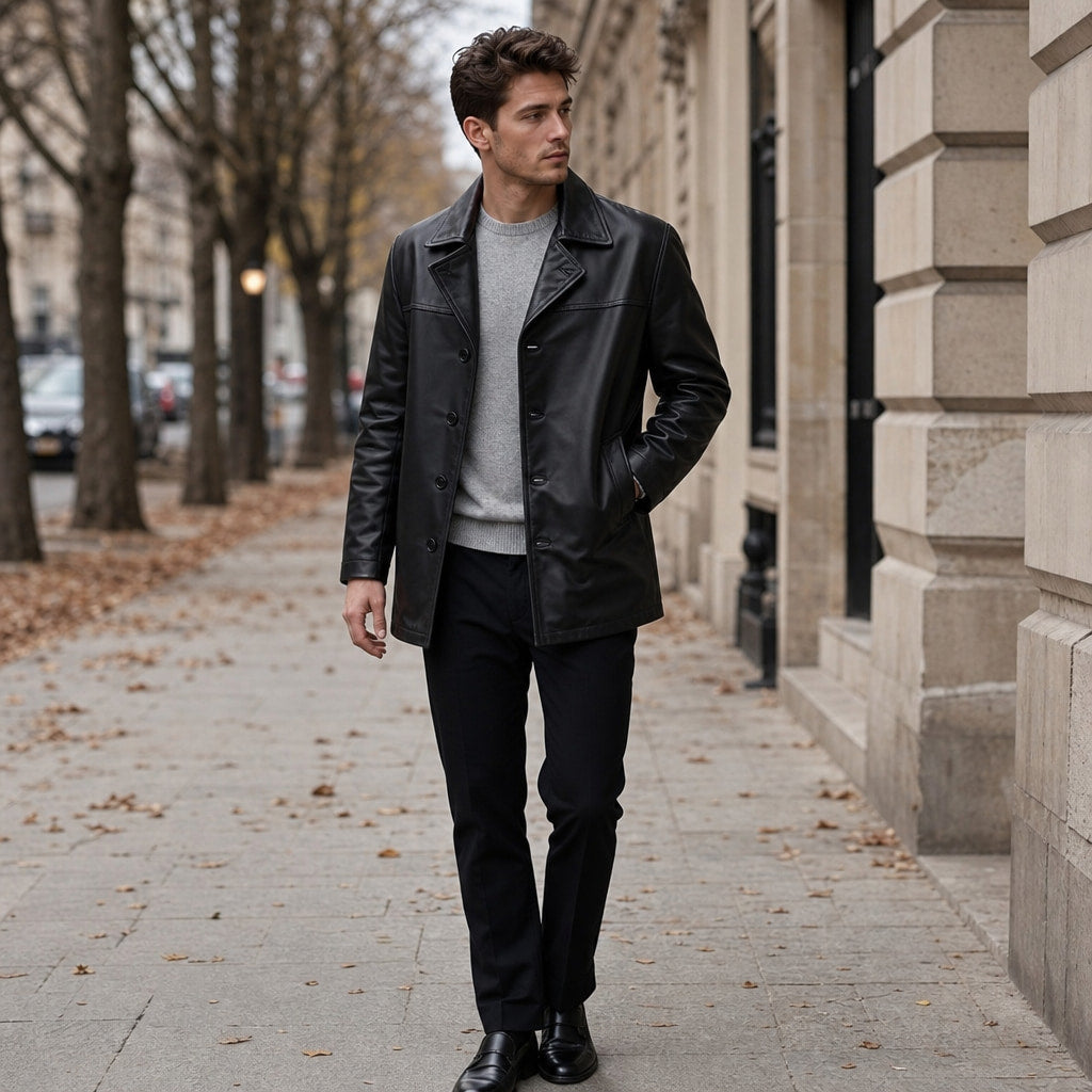 Platinum Black Leather Coat For Men Black – Styled Editorial Shot