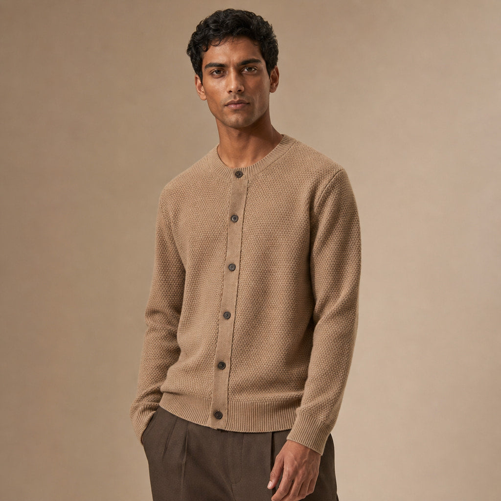 Polignano Wool Cardigan Camel – Side Angle View