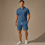 Polo Shirt & Drawstring Shorts Matching Set in Black Blue – Product Photo