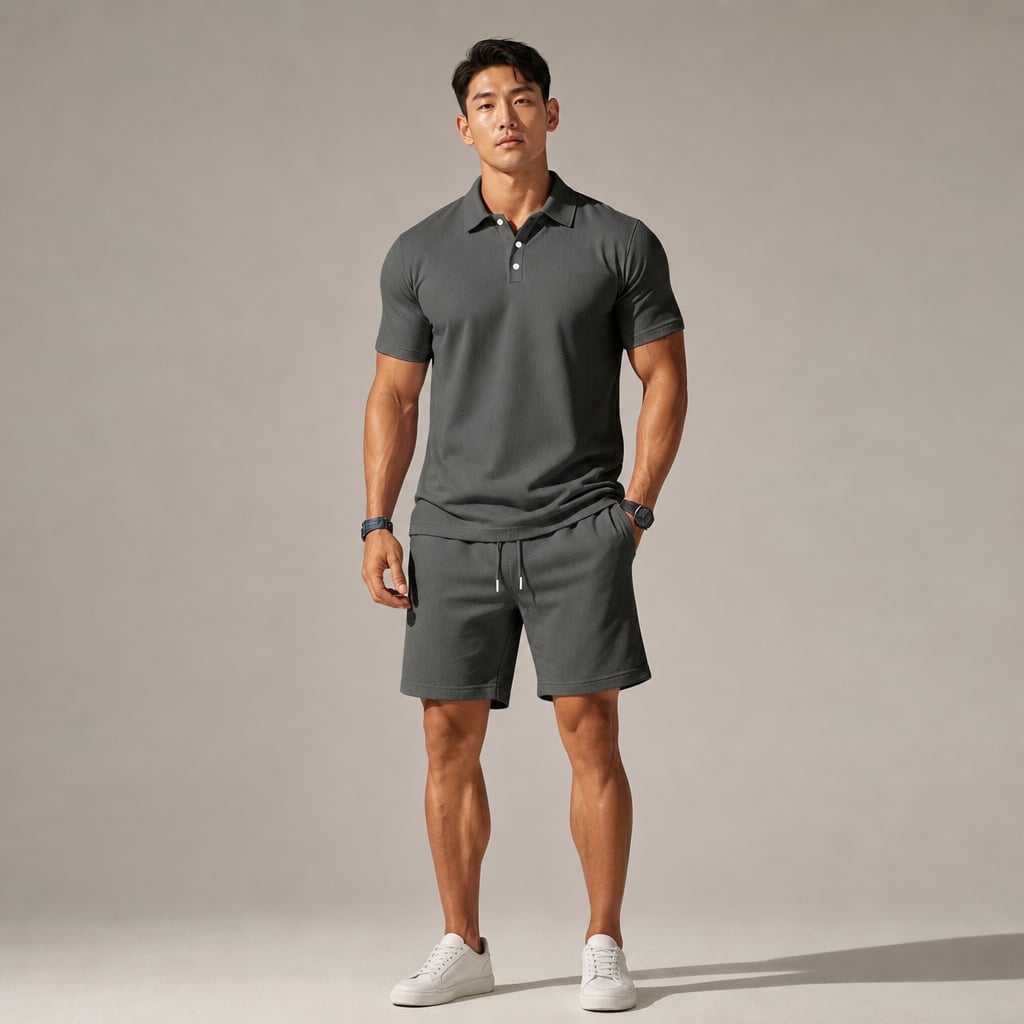 Polo Shirt & Drawstring Shorts Matching Set in Black Dark Gray – Product Photo