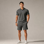 Polo Shirt & Drawstring Shorts Matching Set in Black Dark Gray – Product Photo