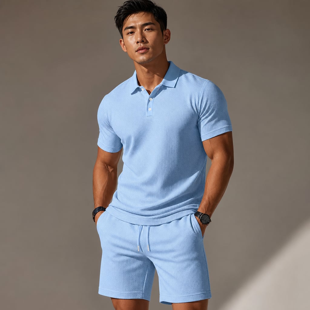 Polo Shirt & Drawstring Shorts Matching Set in Black Light Blue – Side Angle View