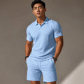 Polo Shirt & Drawstring Shorts Matching Set in Black Light Blue – Side Angle View