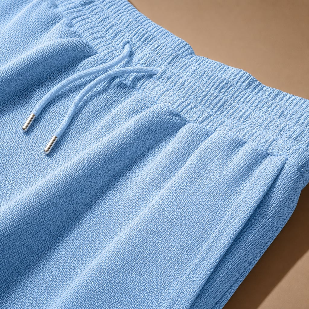 Polo Shirt & Drawstring Shorts Matching Set in Black Light Blue – Fabric and Detail Close-Up