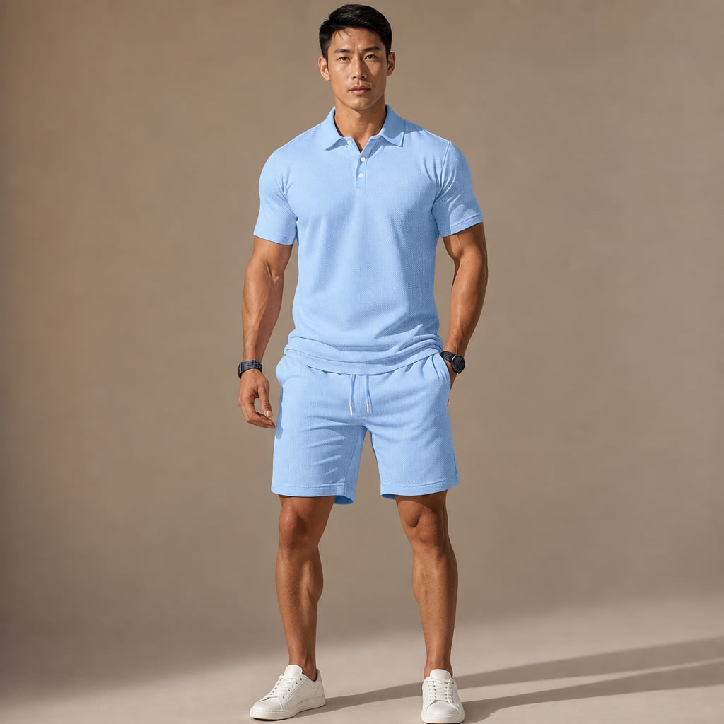 Polo Shirt & Drawstring Shorts Matching Set in Black in Light Blue – Tarlano Premium Menswear