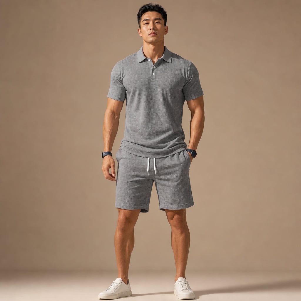 Polo Shirt & Drawstring Shorts Matching Set in Black Light Gray – Product Photo