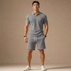 Polo Shirt & Drawstring Shorts Matching Set in Black Light Gray – Product Photo