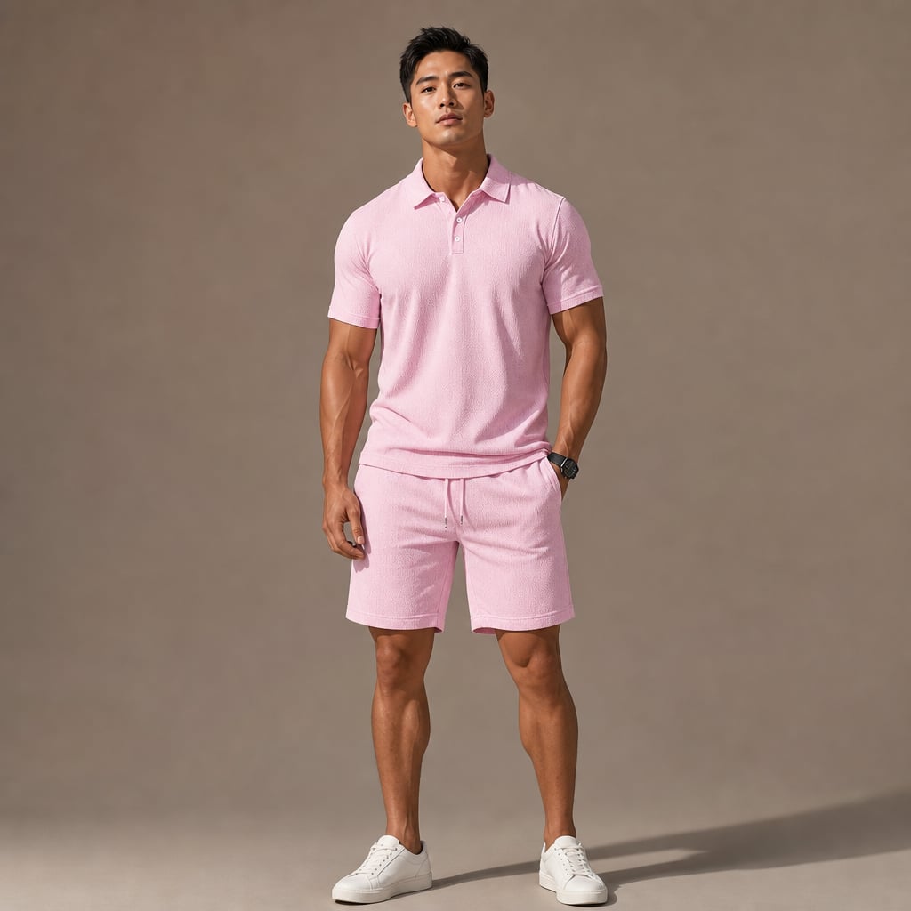Polo Shirt & Drawstring Shorts Matching Set in Black Light pink – Product Photo