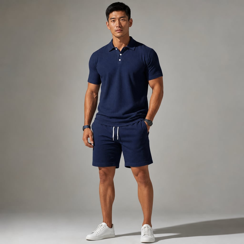 Polo Shirt & Drawstring Shorts Matching Set in Black Navy blue – Product Photo