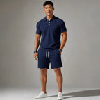 Polo Shirt & Drawstring Shorts Matching Set in Black Navy blue – Product Photo