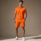 Polo Shirt & Drawstring Shorts Matching Set in Black Orange – Product Photo