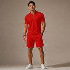 Polo Shirt & Drawstring Shorts Matching Set in Black Red – Product Photo