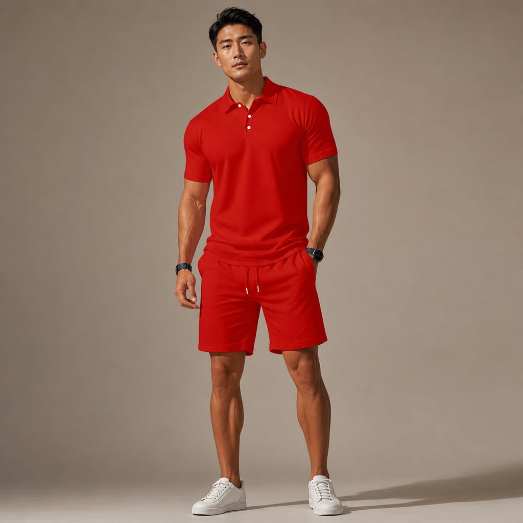 Polo Shirt & Drawstring Shorts Matching Set in Black Red – Product Photo