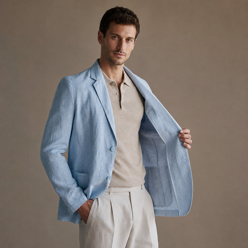 Positano Linen Lightweight Blazer Powder Blue – Side Angle View