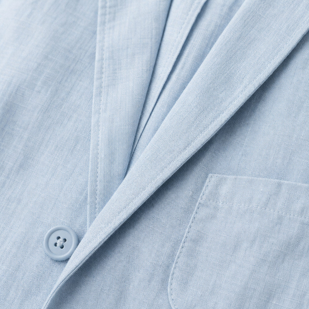 Positano Linen Lightweight Blazer Powder Blue – Fabric and Detail Close-Up