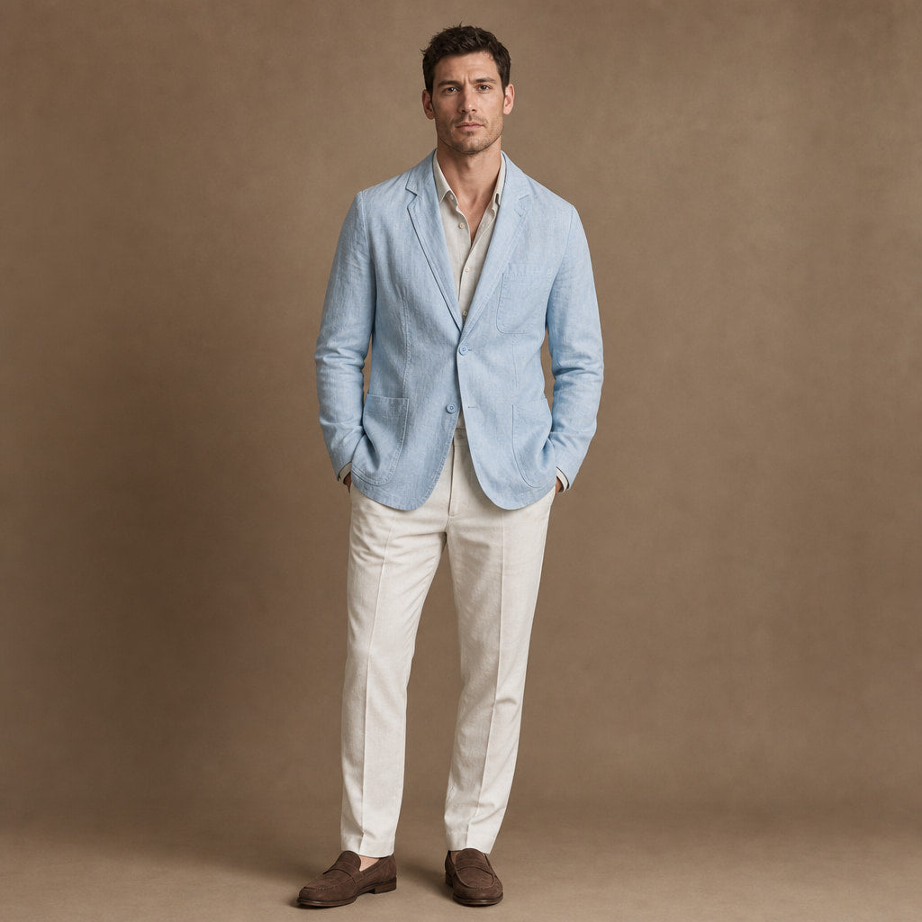 Positano Linen Lightweight Blazer Powder Blue – Full Look