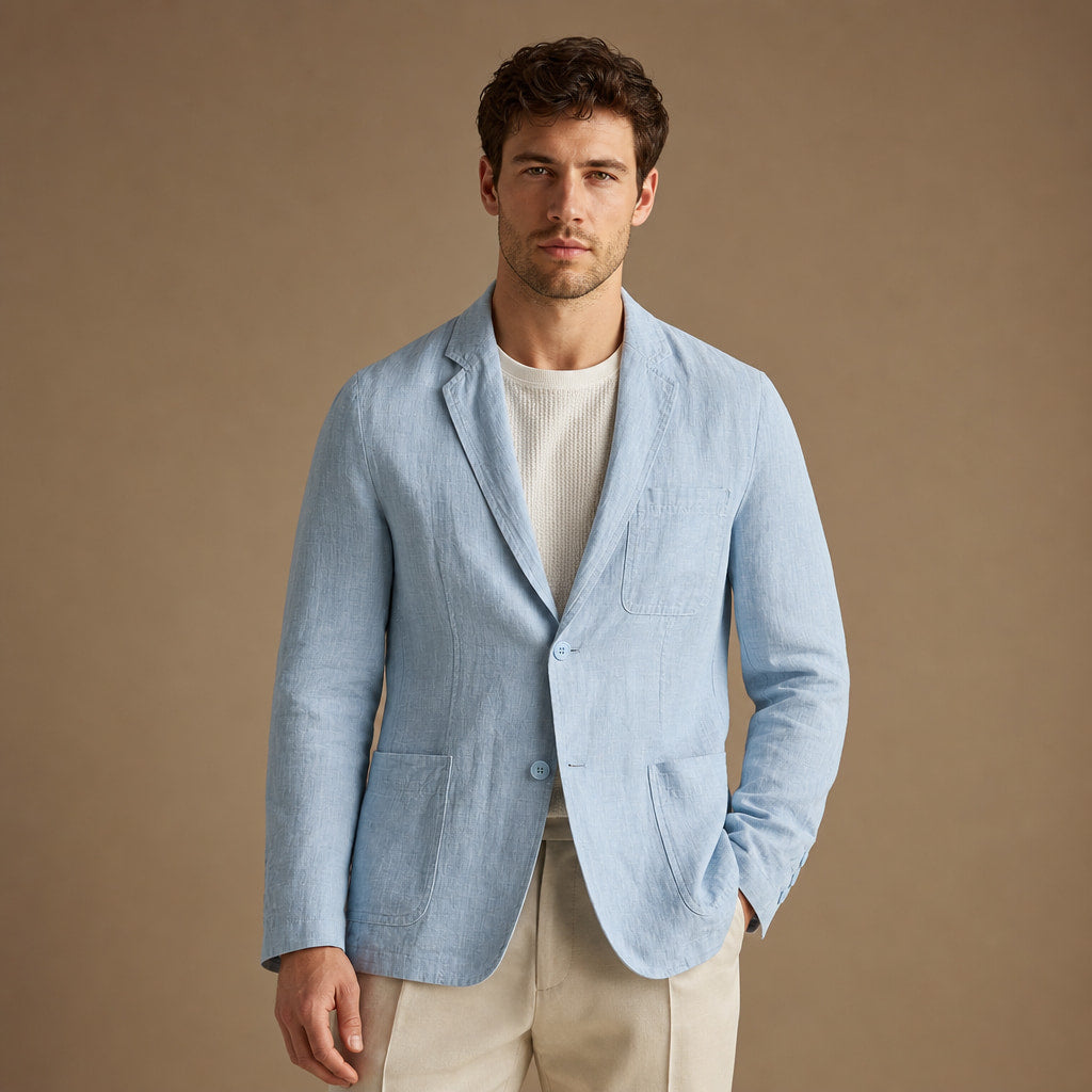 Positano Linen Lightweight Blazer Powder Blue – Product Photo