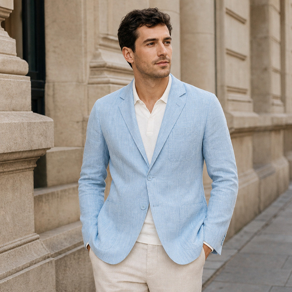 Positano Linen Lightweight Blazer Powder Blue – Styled Editorial Shot