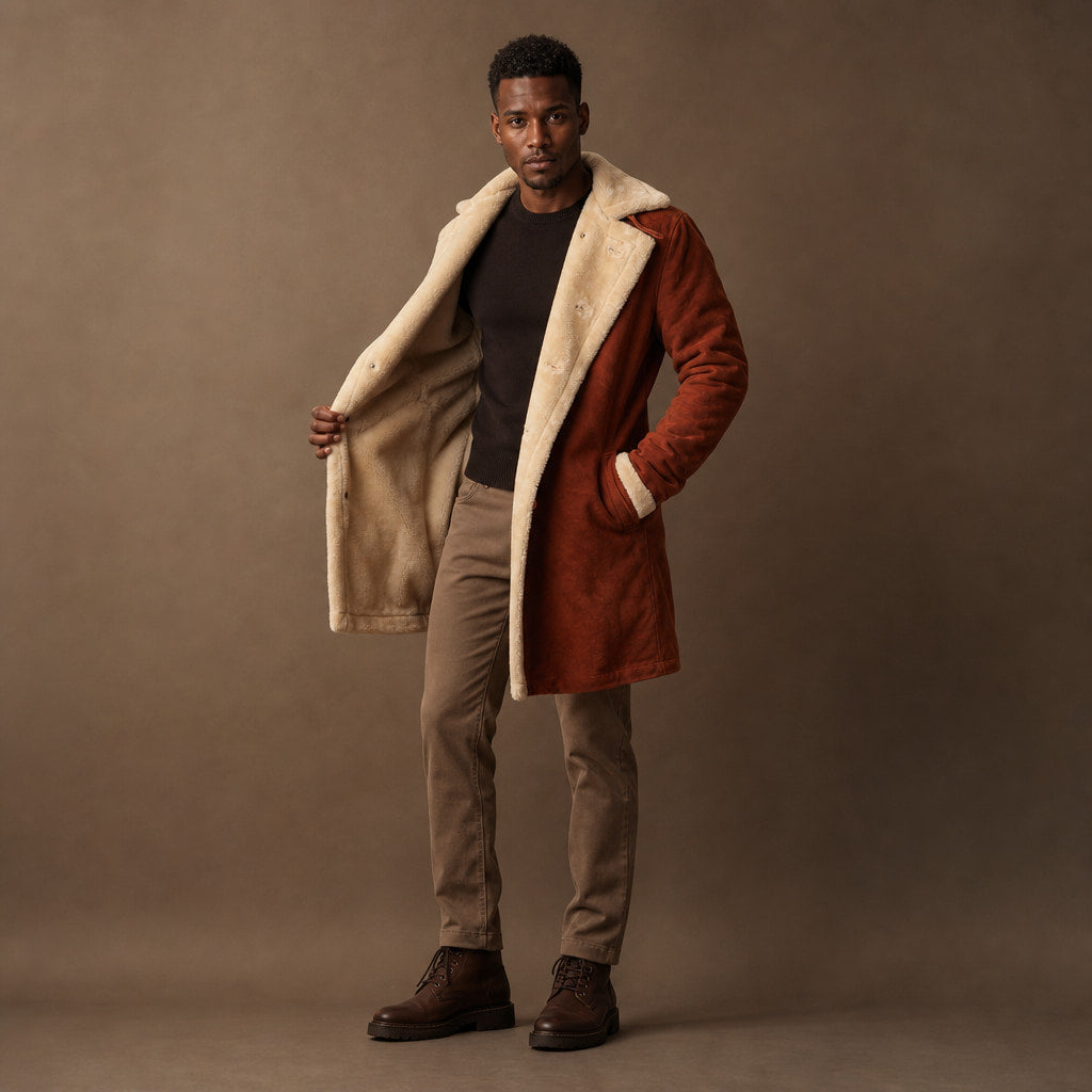 Prestige Rust Brown Shearling Suede Leather Coat Brown – Side Angle View