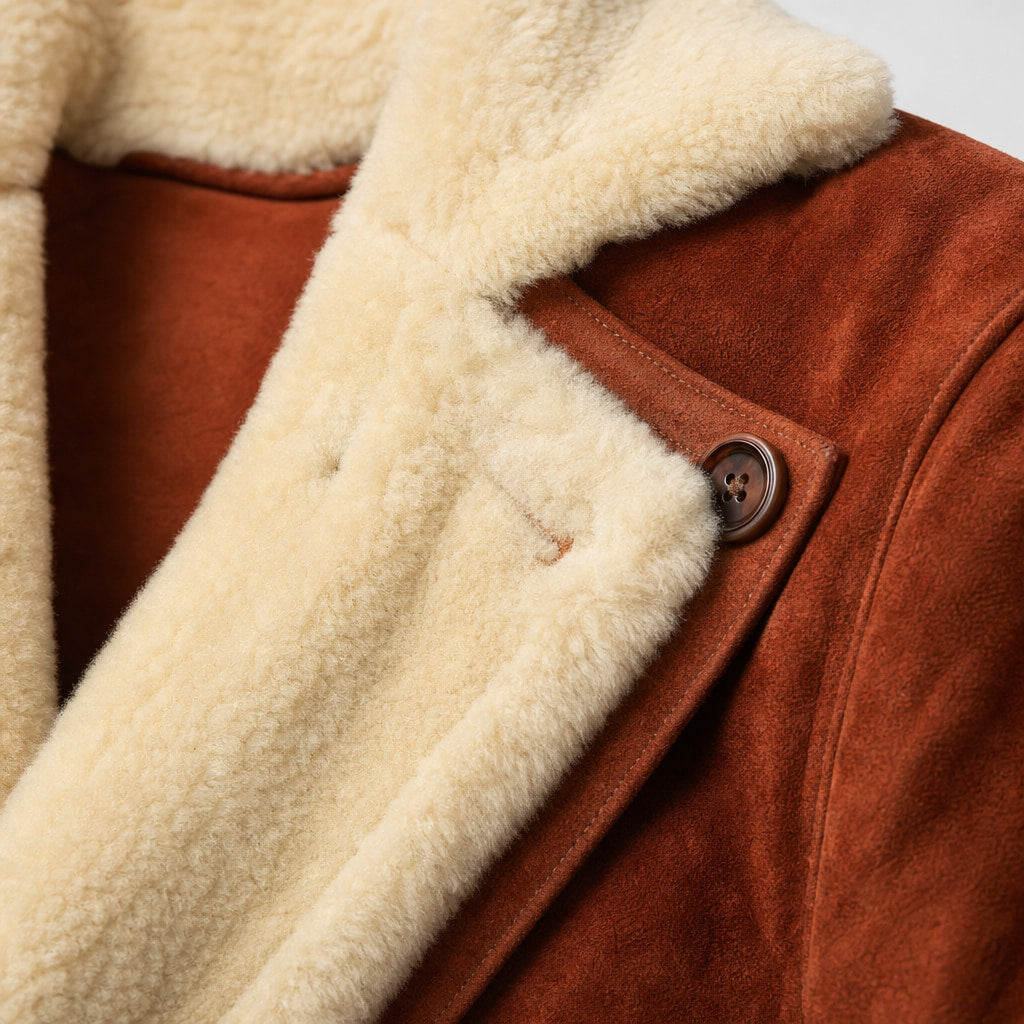 Prestige Rust Brown Shearling Suede Leather Coat Brown – Fabric and Detail Close-Up